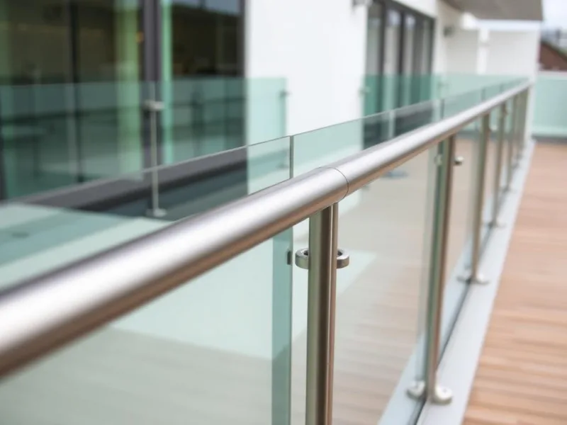 Guarda-corpo de vidro com corrimão de aço inox e prendedores redondos, em varanda externa.