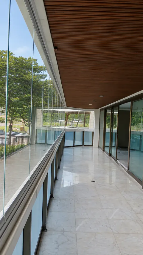 Varanda com fechamento de vidro transparente, guarda-corpo, piso claro e teto de madeira.